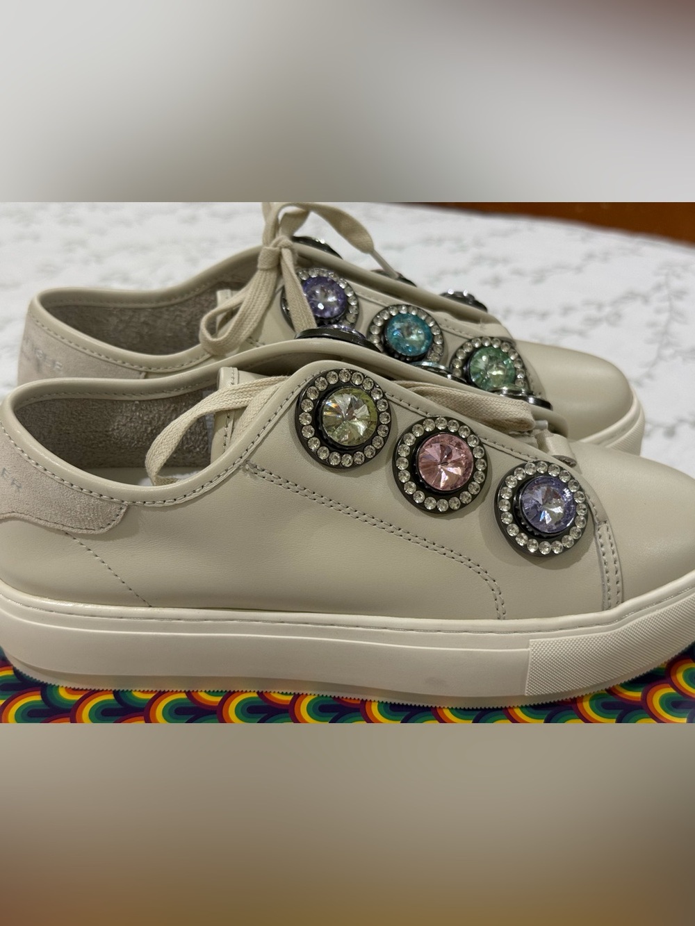 NIB Kurt Geiger Laney Octavia Bone Lace Up Sneakers with Pastel Gems RARE 9.5🤩 - Picture 7 of 11